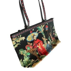 RARE Vintage Isabella Fiore Black Beaded Geisha Garden Shoulder Purse Handbag